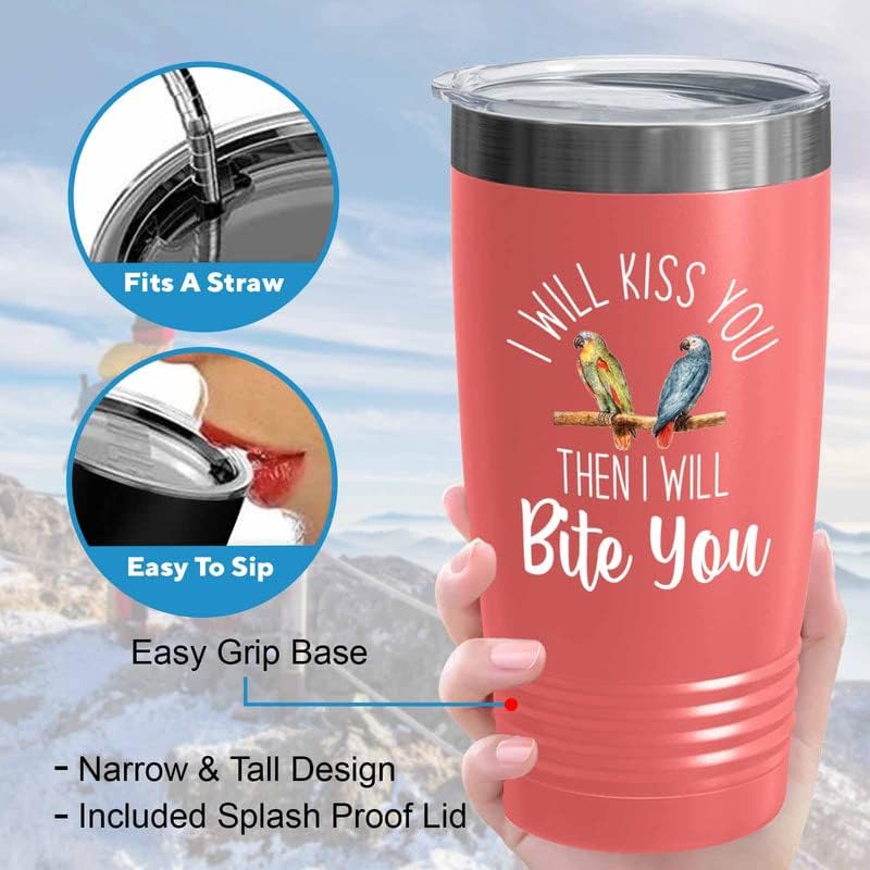 Bird Lover Coral Edition Viking Tumbler 20oz - Kiss Then bite You - Hummingbird Nest Cage Parrot Dad Gardening Outdoor Birdwatcher Feeder