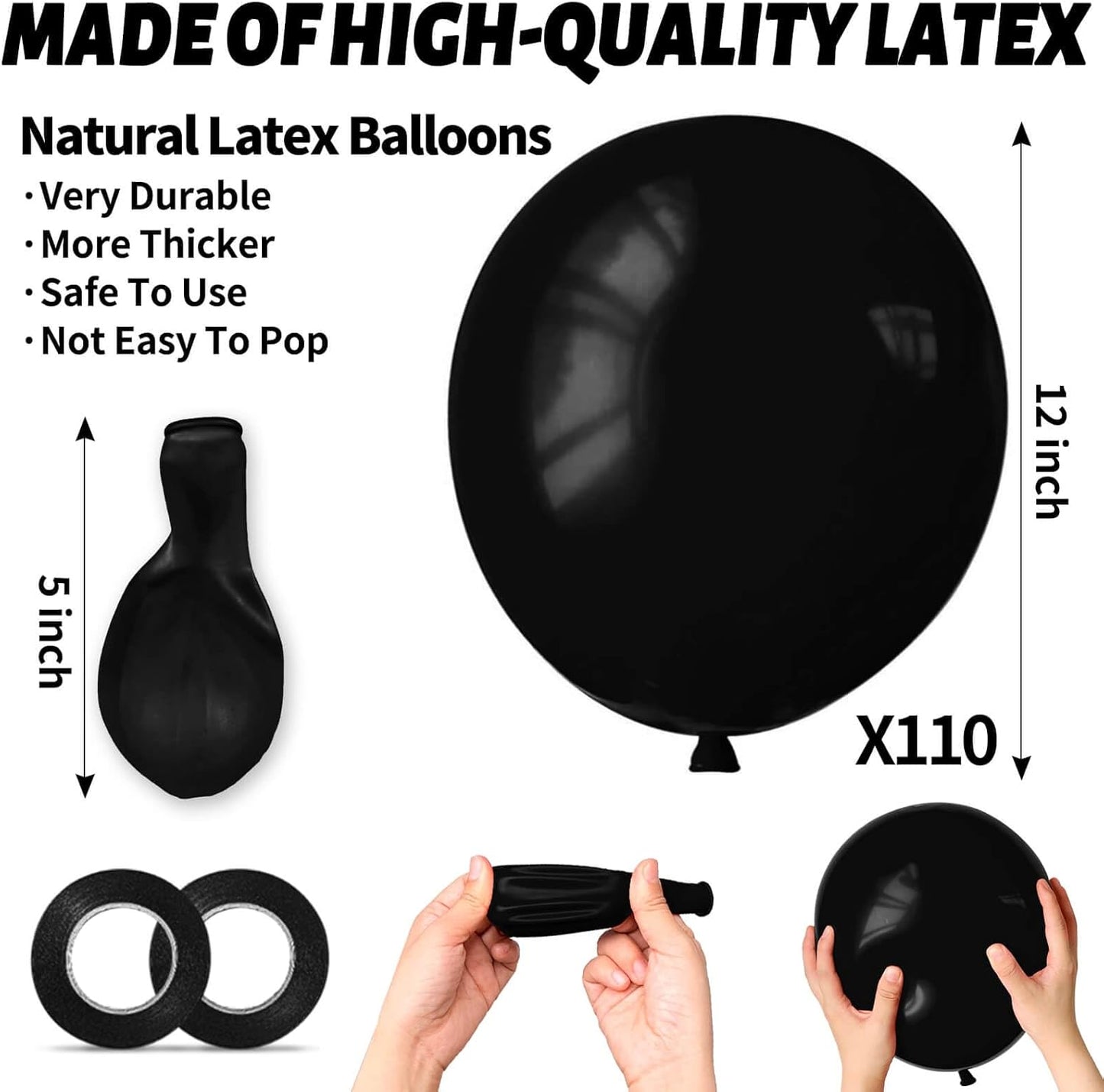 110pcs Black Balloon 12 inch, Black Latex Balloons for Birthday Party Baby Shower Wedding(with 2 Ribbons).
