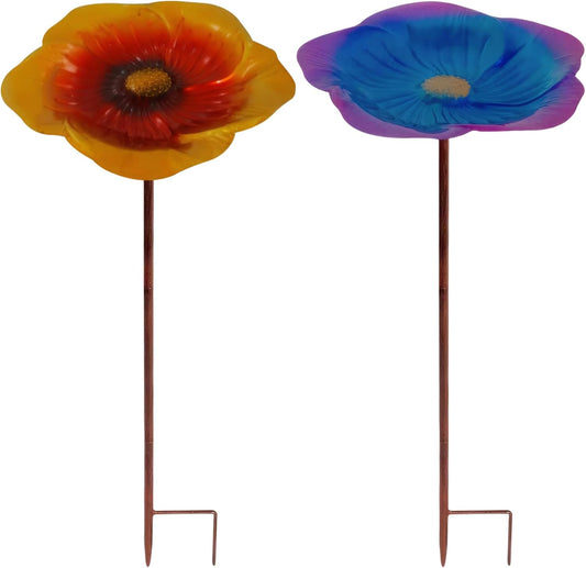 Bird Feeder with Stake Flower Shape Bird Bath 9.5x25in Ground Avian Feeding Station Exquisite Decorative Bath for Outside Yard Garden, Gold Brown
