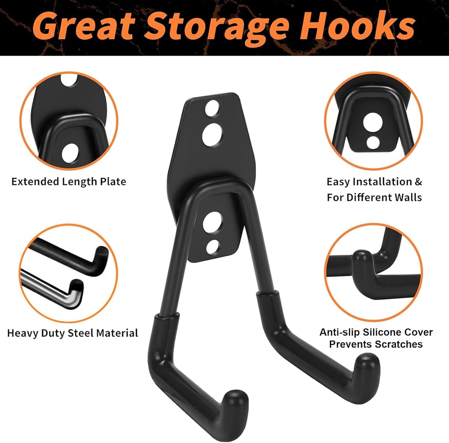12 Pack Garage Hooks Heavy Duty, Wall-Mount Storage Hooks with Non-Slip Coating, Includes Screws & Anchors + 2 Extension Cord Straps, Shed Hooks for Hanging Bikes, Ladders, Garden Tools, Hoses, Ropes