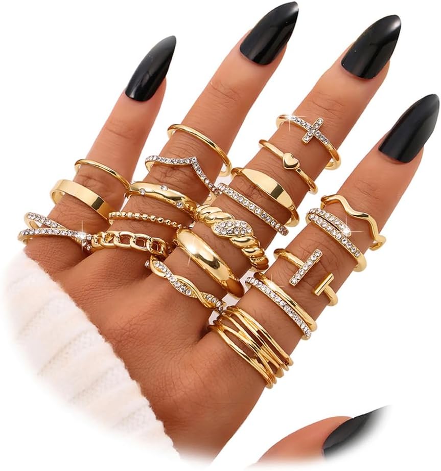 KISS WIFE Golden Silvery Black Kunckle Rings Set for Women, Dainty Sim