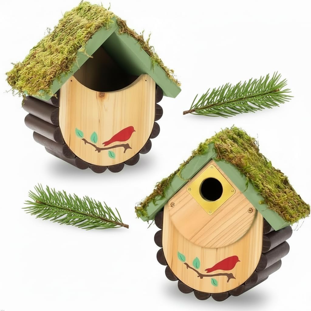 1pc Bird House for Bluebirds and Cadinals - Cedar Wood Large Open Bluebird House Nestbox - Birdhouse for Outside Wall Mountable - 1.5" Brass Plate Heavy 13/16" Thick - 10 Years Usage Multifunctional