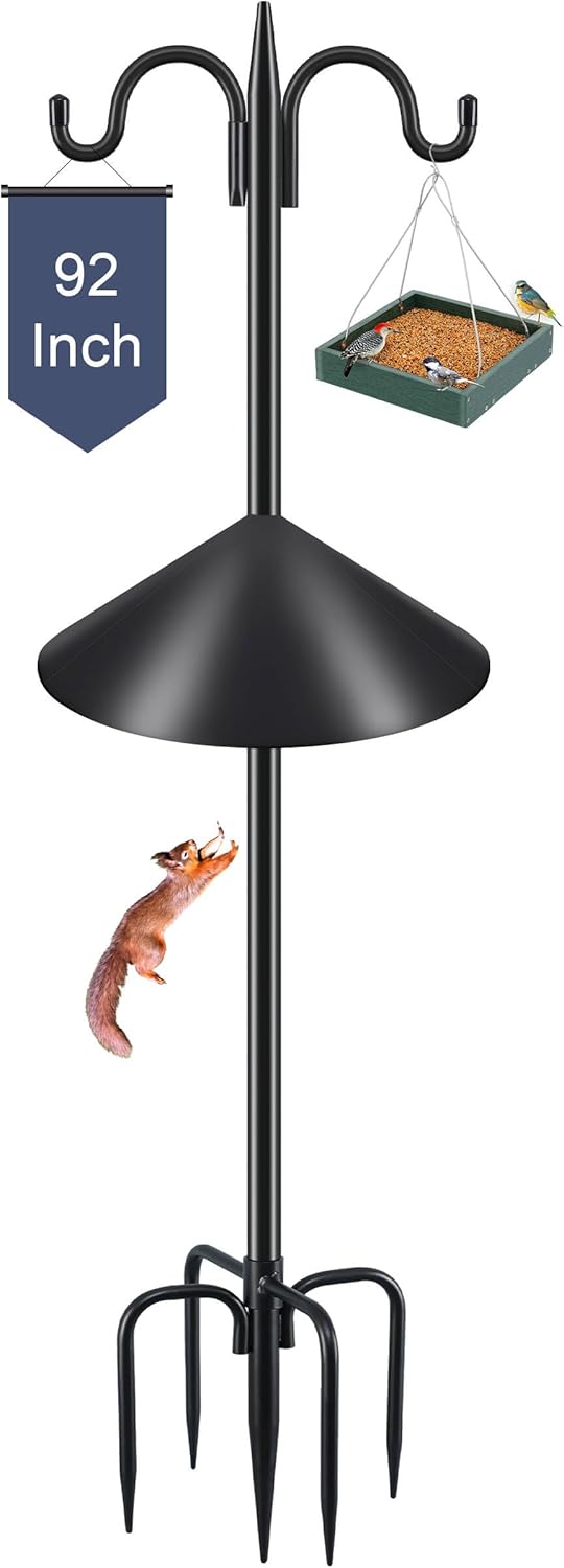 Gtongoko Bird Feeder Pole Squirrel Proof, 92 Inch Double Shepherds Hook for Outdoor with Squirrel Baffles Adjustable Heavy Duty with 5 Prongs Base for Hanging Plants, Bird Feeders, Black