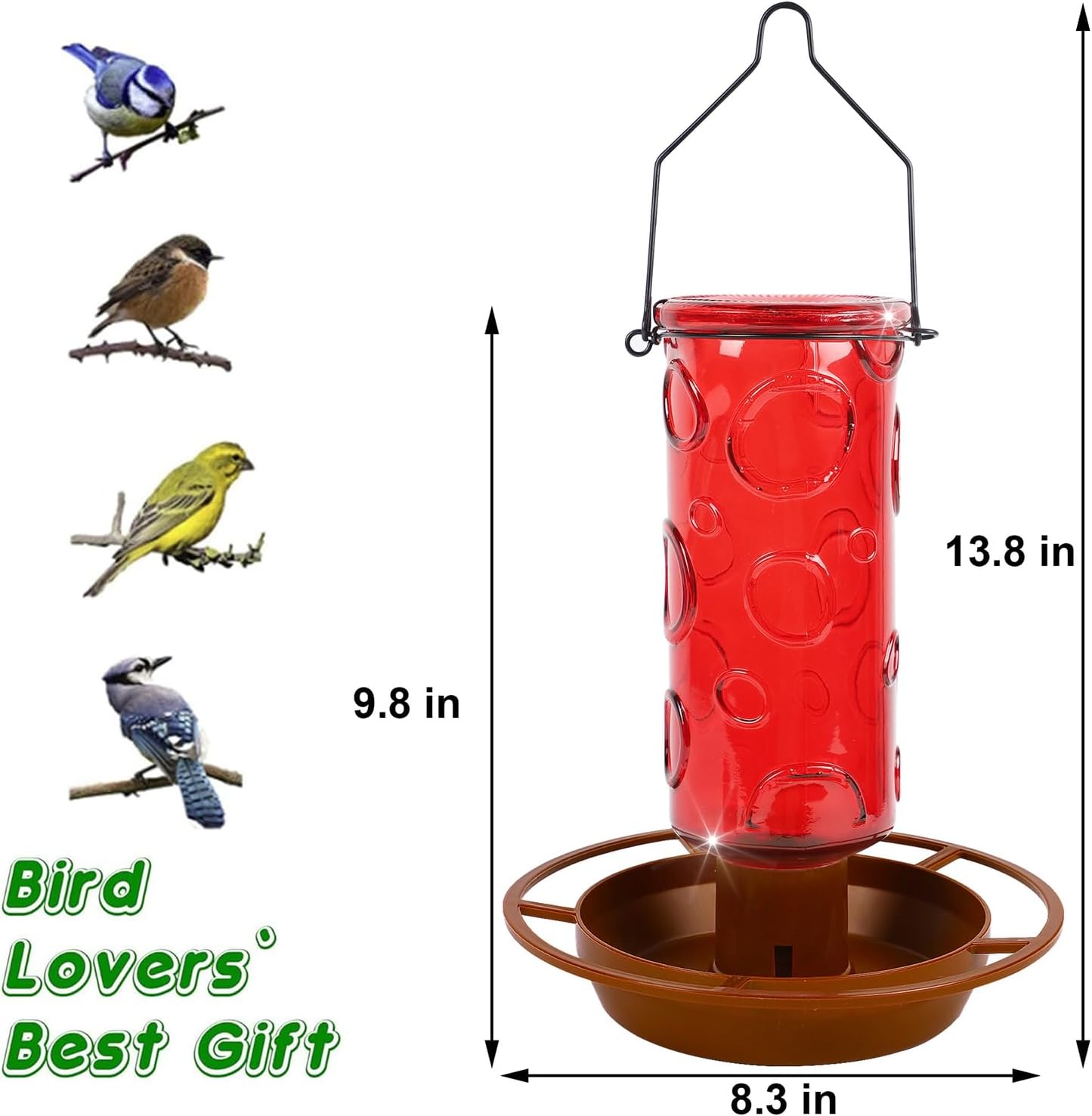 Juegoal Glass Wild Bird Waterer, 28 oz Wild Bird Feeder for Outdoors, Water Cooler with Metal Handle Hanging for Garden Tree Yard Outside Decoration, Red