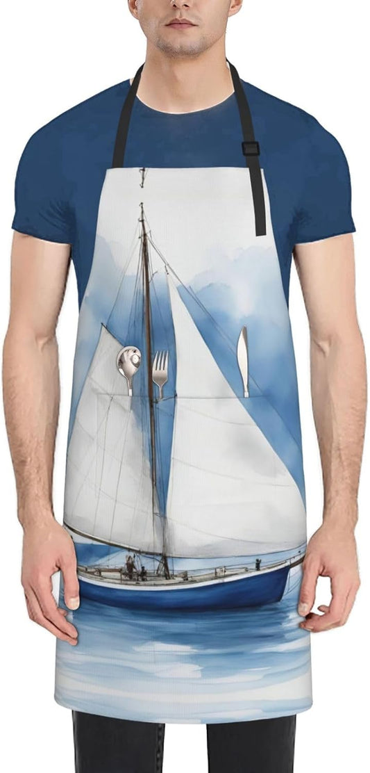 Blue Sailboat 1 print Waterproof chef's apron with pocket apron for kitchen cooking baking barbecue and gardening