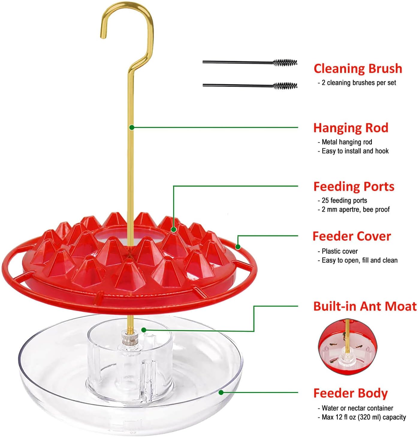 Hummingbird Feeders for Outdoors Hanging - 25 Feeding Ports 10 oz Plas