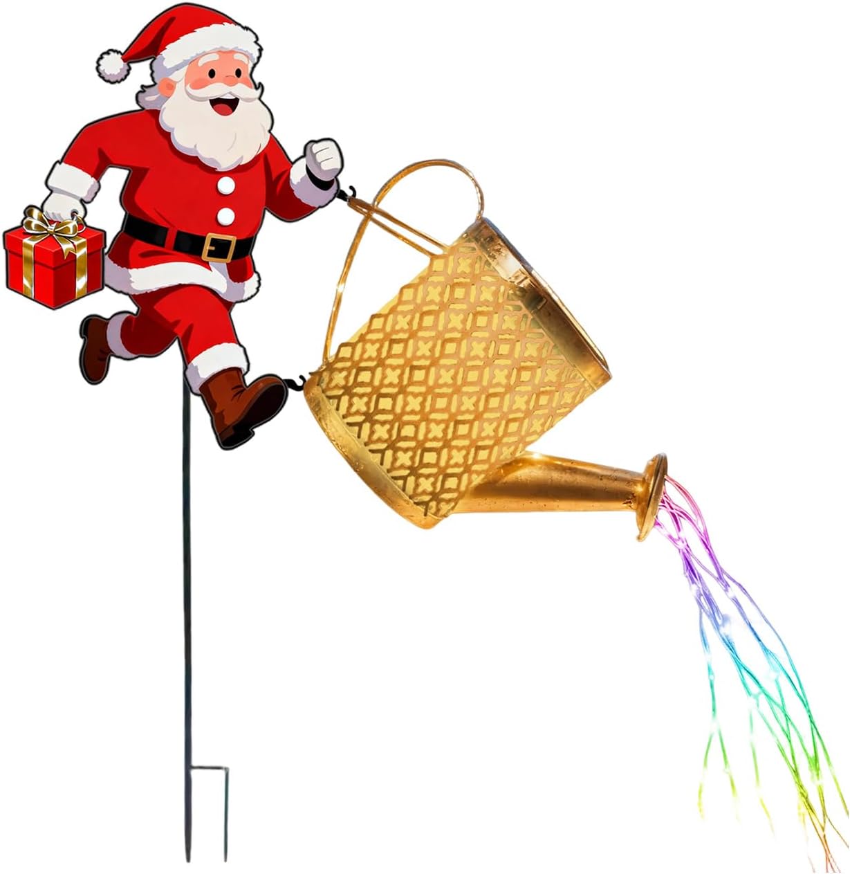Santa Article Solar Kettle Light, Christmas Holiday Decoration, Garden Decoration, Courtyard Metal Solar Waterfall Light (B)