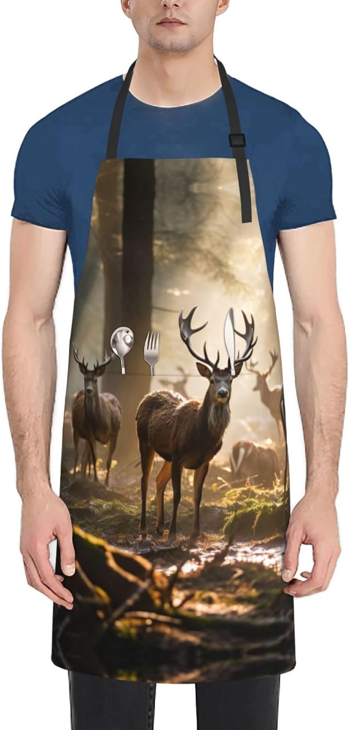 Deers Picture print Waterproof apron with pocket adjustable cooking apron for adult kitchen bibs to bake