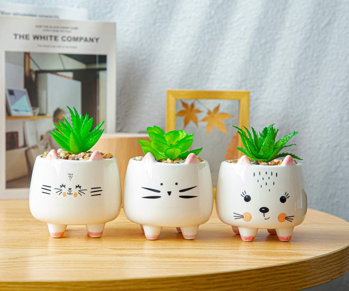 B SEPOR 3 Little Kitty Cats Small Artificial Succulents Potted with White Porcelain Pots Ceramic Animal Planter Gift Set for Home and Office Decor