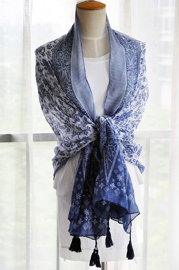 GUZOSJO Women's Boho Cotton Hemp Lightweight Floral Printed Scarf Long