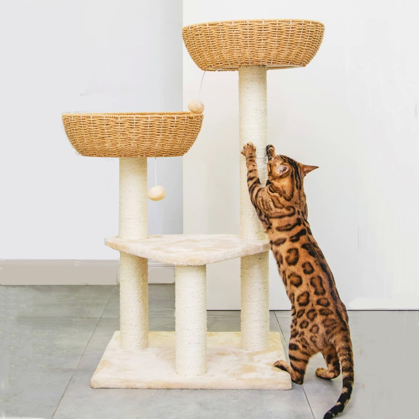 SHENGOCASE Cat Tree Tower with Rattan Wicker Basket, 2 Handwoven Large
