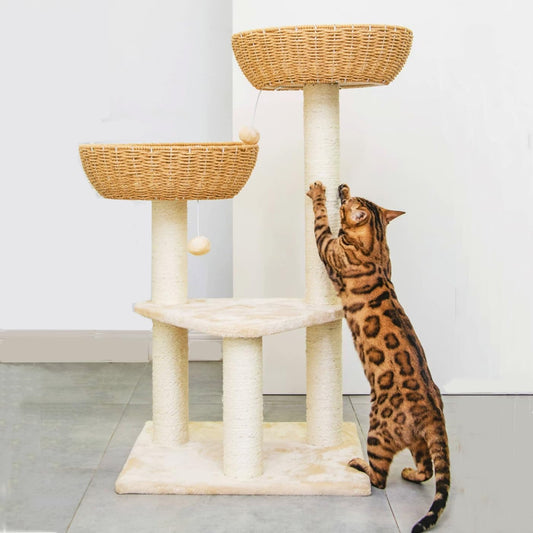 SHENGOCASE Cat Tree Tower with Rattan Wicker Basket, 2 Handwoven Large