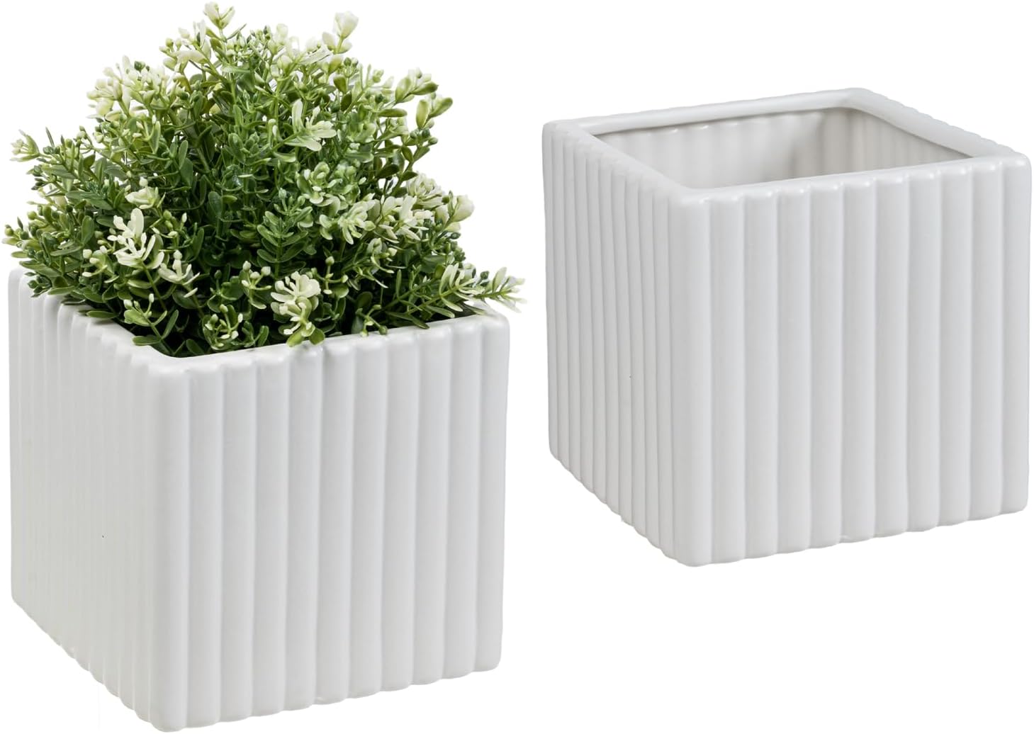 MyGift 6.3 Inch Square Vintage White Ceramic Succulent Planter Pot wit