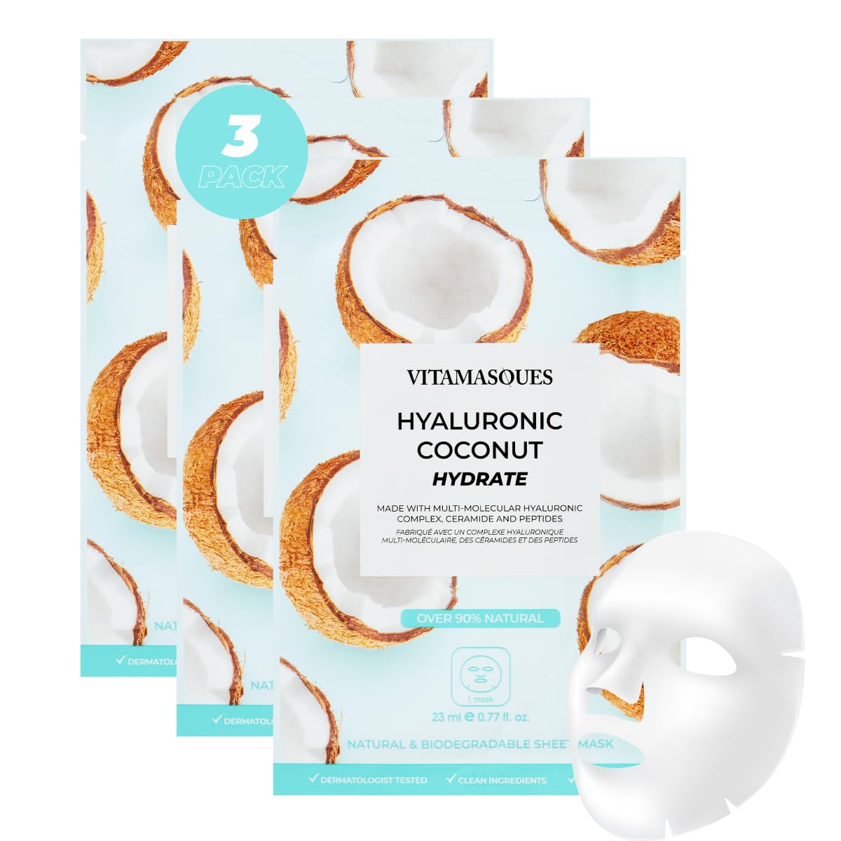 Vitamasques Biodegradable Coconut Face Mask, Hydrating Hyaluronic Acid