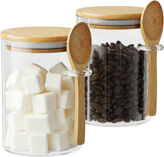 Glass Sugar Container with Spoon - 2 Pack 15oz Glass Jars with Bamboo 