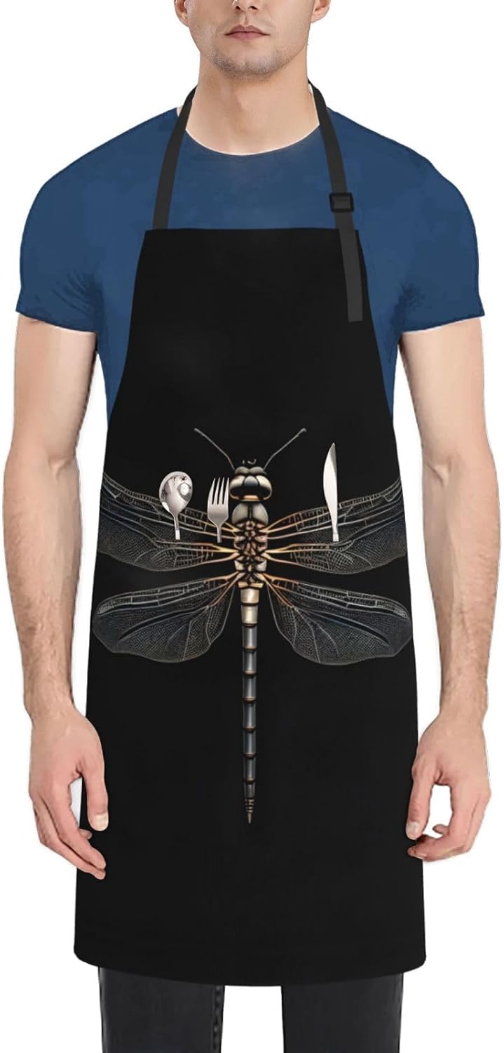 Dragonfly Black Print Laundry apron 28x33 In Waterproof Kitchen Apron with Pockets for Cooking Baking