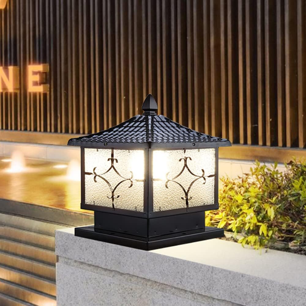 Vintage Column Lamp Outdoor IP55 Solar LED Stigma Lamp Gate Bollard Pillar Light Patio Light Garden Path Post Cap Light Fence Patio Light Porch Light,Black-Width: 30CM