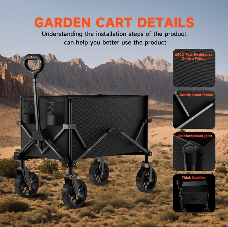 Collapsible Folding Wagon, Wagon Cart Heavy Duty Foldable with Two Drink Holders, Utility Grocery Wagon for Camping Shopping Sports