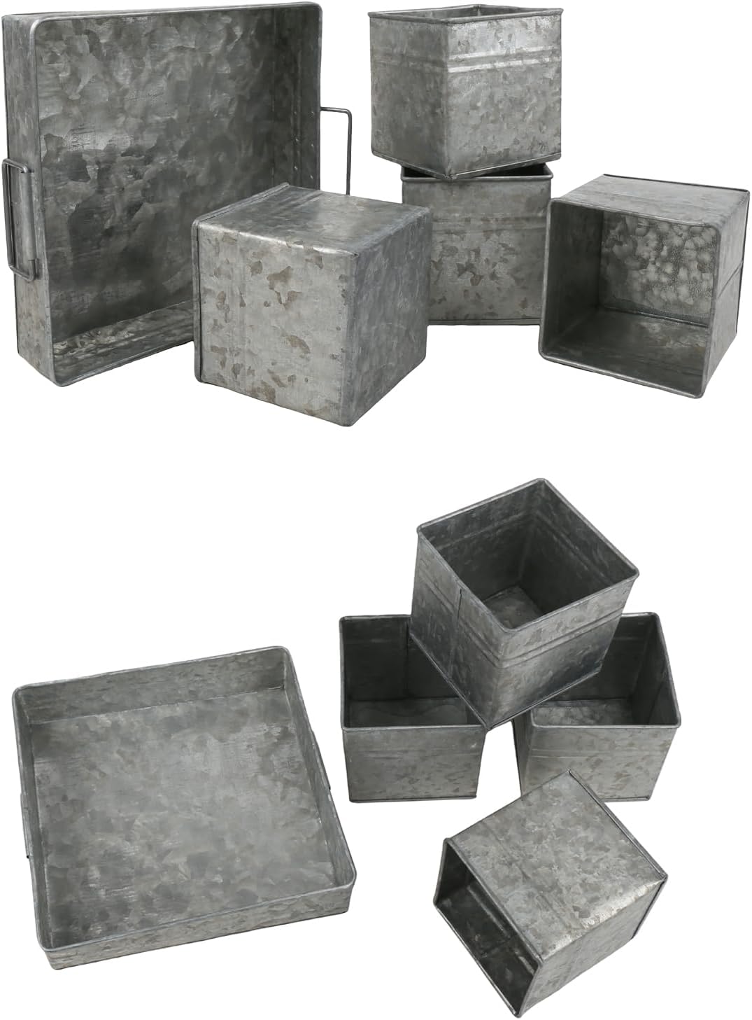 Set of 4 Shabby Chic Small Vintage Vase Farmhouse Flower Planter, Rustic Galvanized Metal Pots with Metal Tray for Kitchen Bathroom Bedroom Table Centerpiece Windowsill Country Indoor Decor