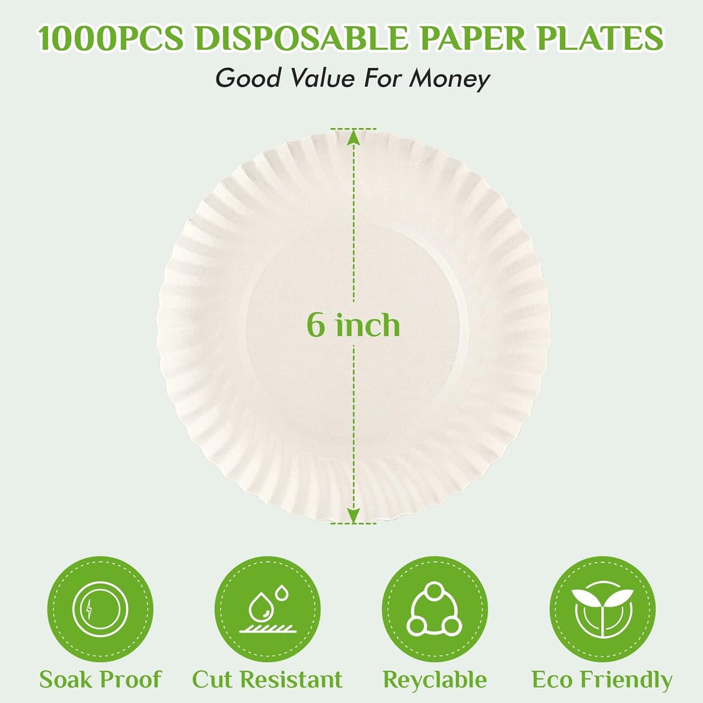 FOCUSLINE 6 Inch Paper Plates 1000 Count, White Paper Plates Uncoated,