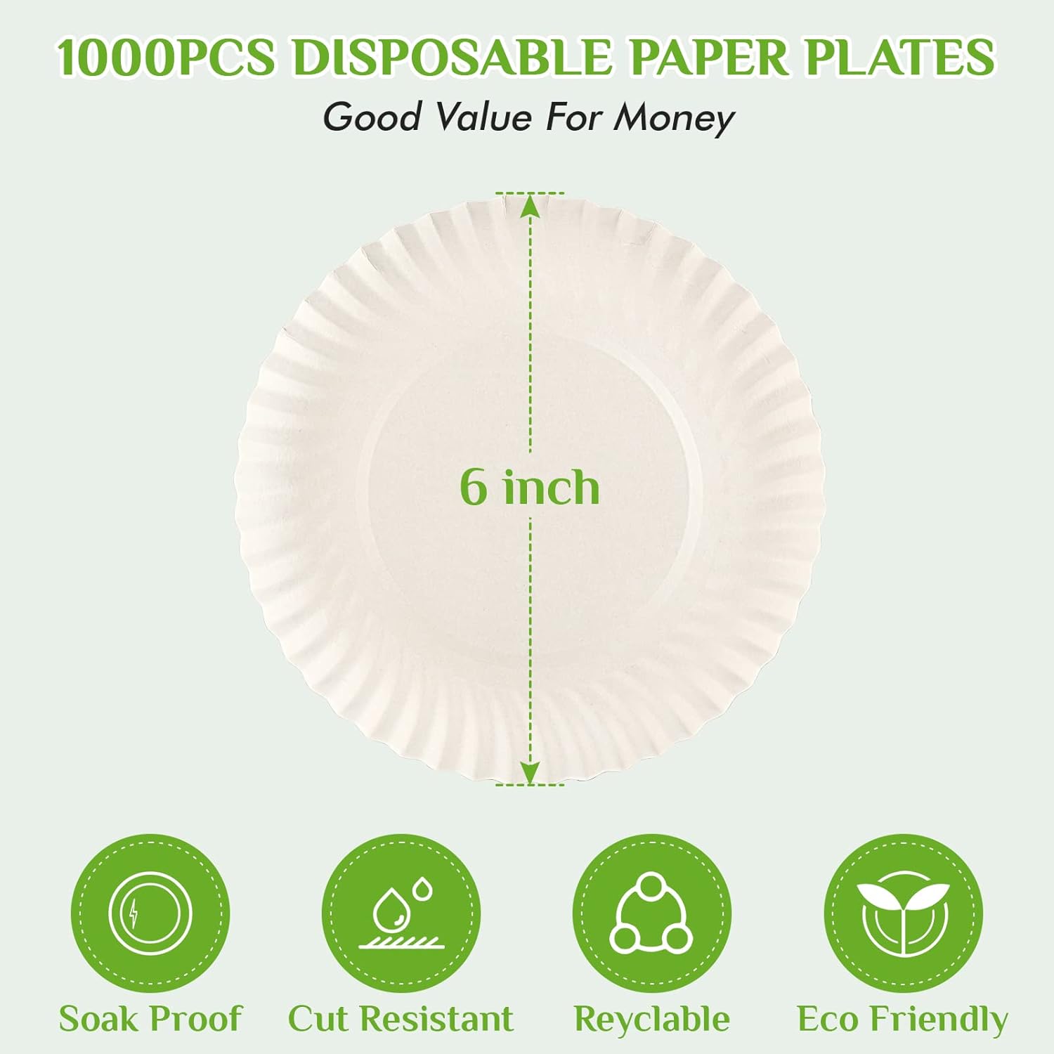 FOCUSLINE 6 Inch Paper Plates 1000 Count, White Paper Plates Uncoated,