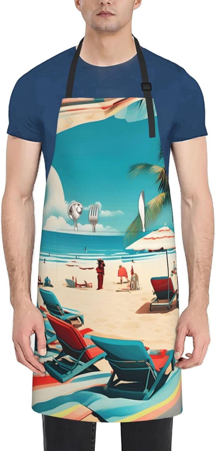 YANYU Beach Scenerys Print 28x33 In Kitchen Apron Stylish Chef Apron with Pockets for Cooking Baking Painting