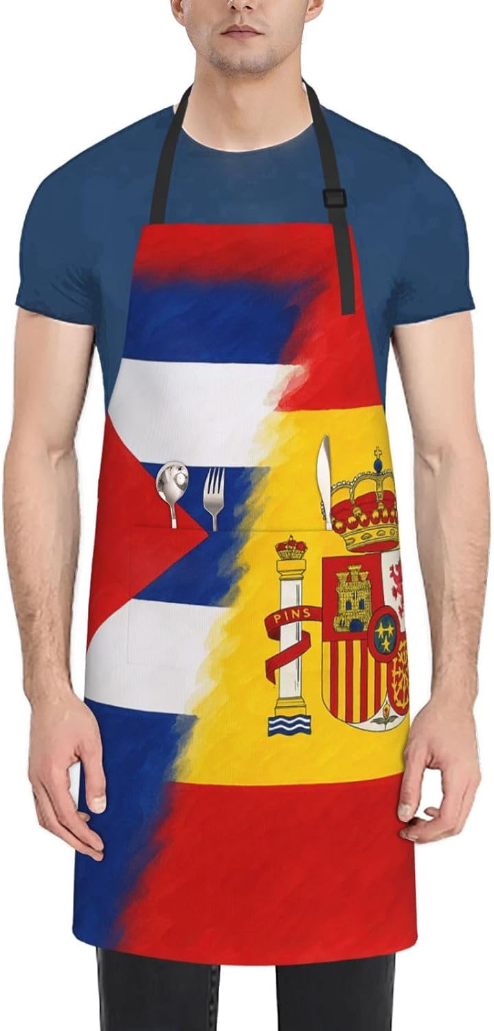 YANYU Cuba and Spain Print 28x33 In Kitchen Apron Stylish Chef Apron with Pockets for Cooking Baking Painting