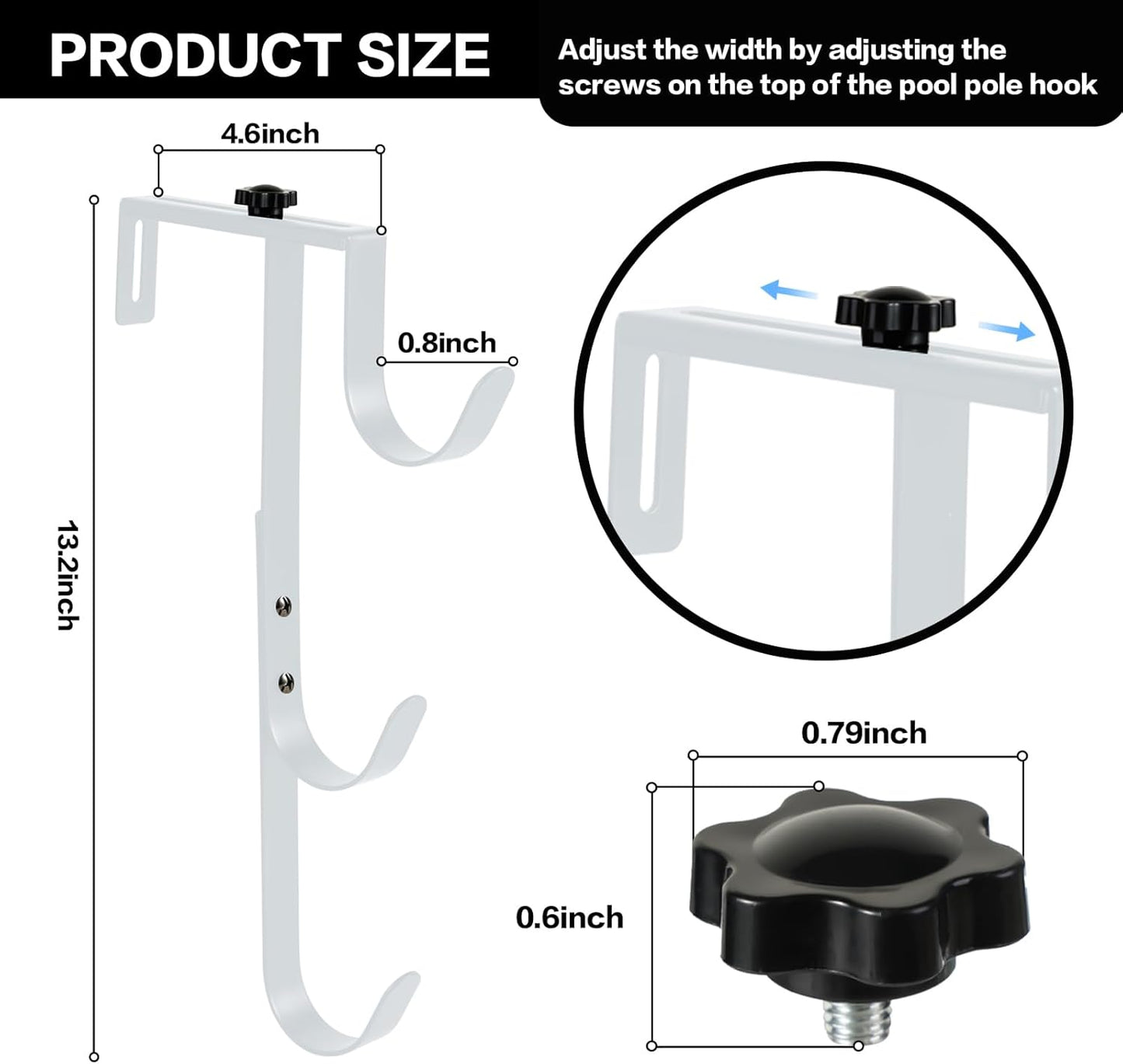 2Pcs White Pool Pole Hangers, Adjustable Heavy Duty Swimming Pool Fence Hooks for Pool Equipment, Skimmers, Leaf Rakes, Nets, Brushes, Vacuum Hose, Garden Tool Organizer