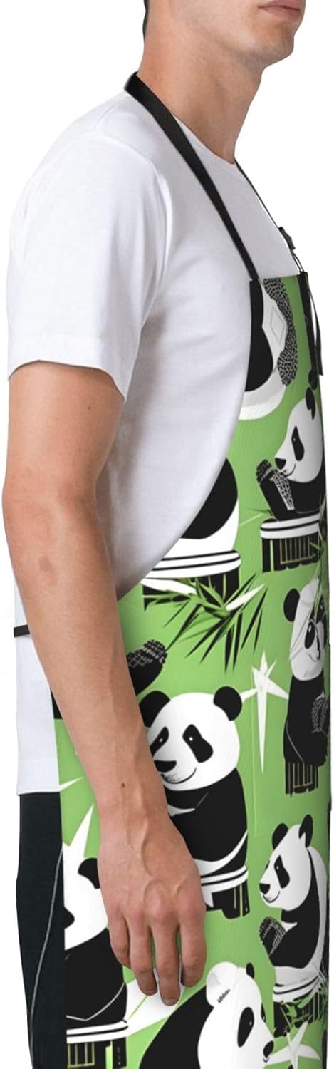Panda bamboo print Waterproof chef's apron with pocket apron for kitchen cooking baking barbecue and gardening