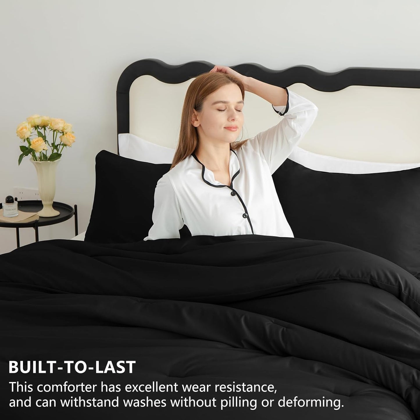 CozyLux Queen Comforter Set Black, 3 Pieces Solid Comforters Queen Size Breathable Quilted Bedding Sets, Luxury Soft Microfiber Down Alternative Comforter for All Season (1 Comforter & 2 Pillowcases)