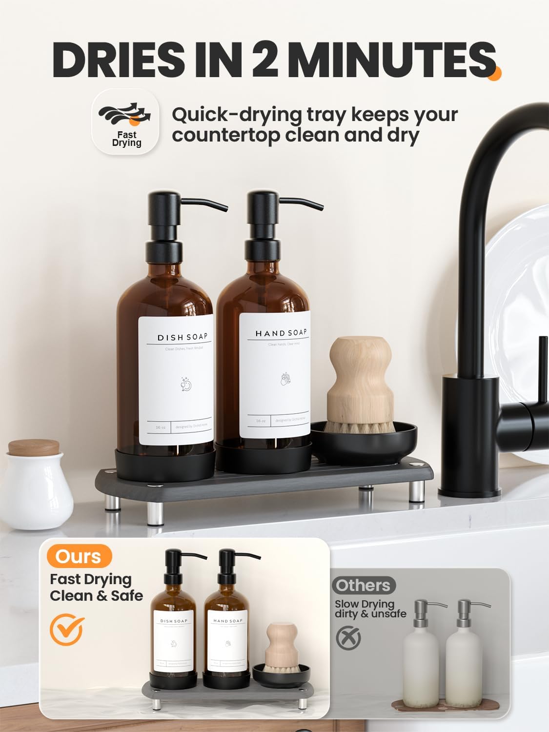 [Luxury] Kitchen Soap Dispenser Set - 16OZ Amber Glass Bottle, Stainle