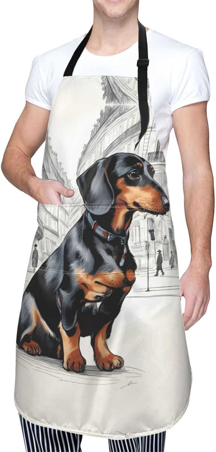 Parisian Dachshund print Waterproof chef's apron with pocket apron for kitchen cooking baking barbecue and gardening