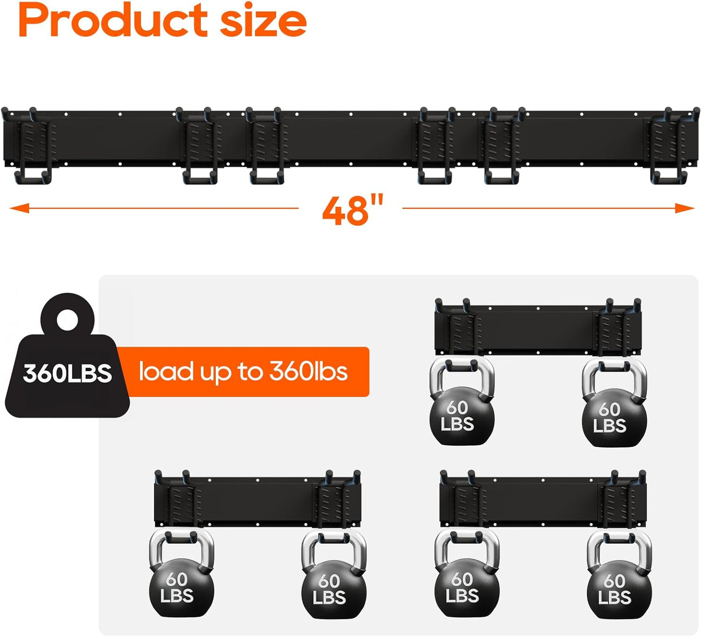Wall Mount Garage Storage | Garden Tool Organizer | 350 lb Capacity Adjustable Steel Rails with 6 Rubber-Coated Hangers | Rustproof Carbon Steel Storage Rack for Garage, Shed & Outdoor Tools