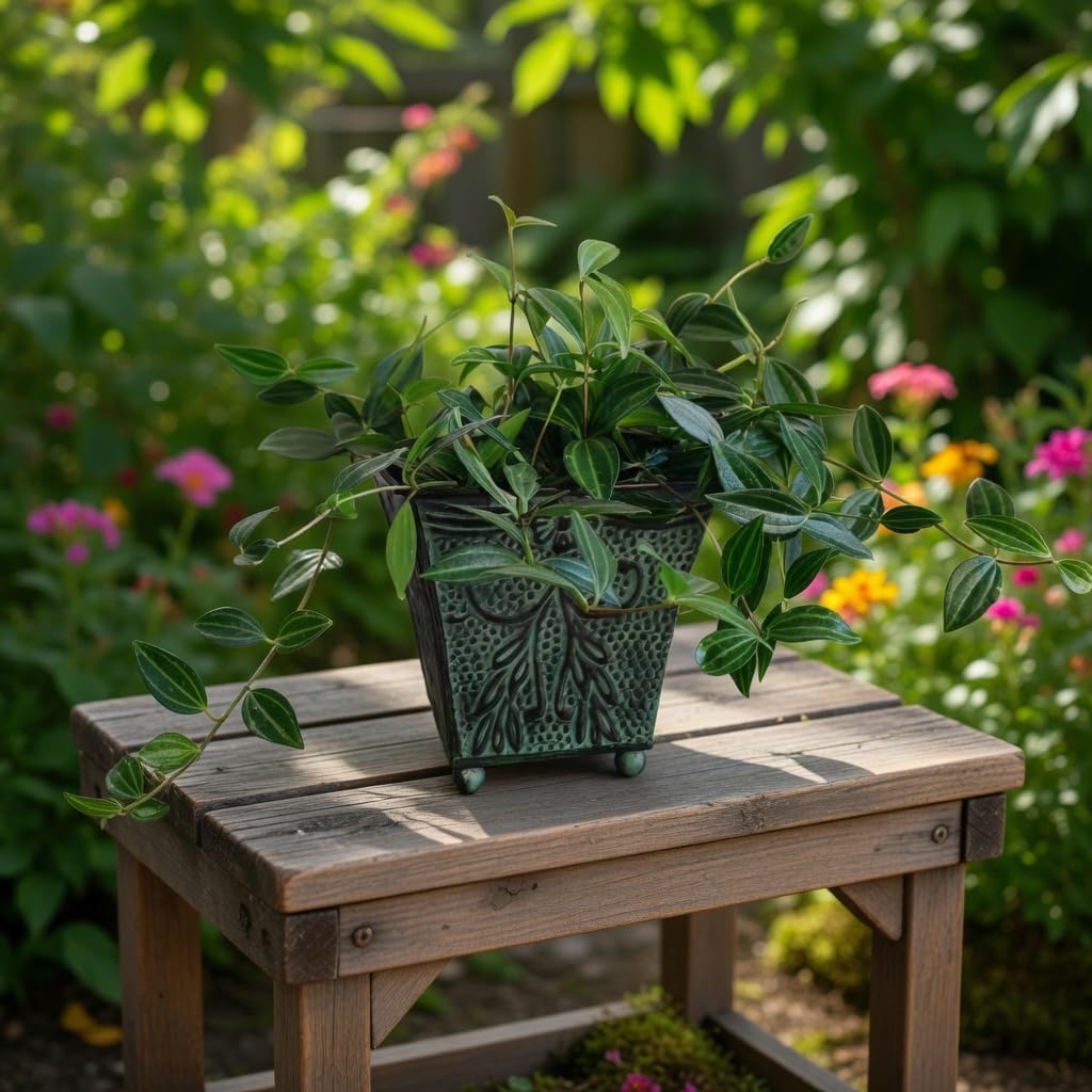 Hosley Set of 4 Green Patina Embossed Metal Planters with Ornate Flora
