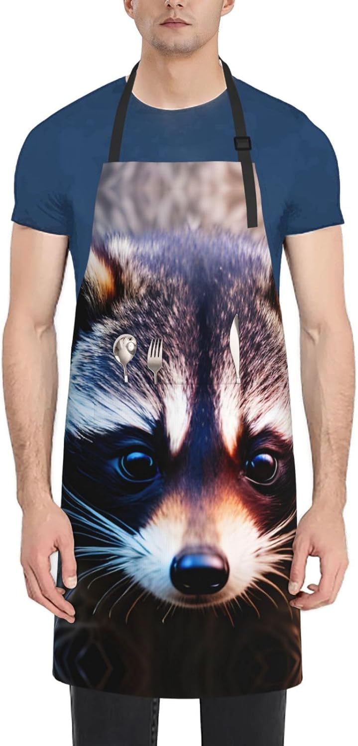 Little Raccoon Face print Waterproof chef's apron with pocket apron for kitchen cooking baking barbecue and gardening