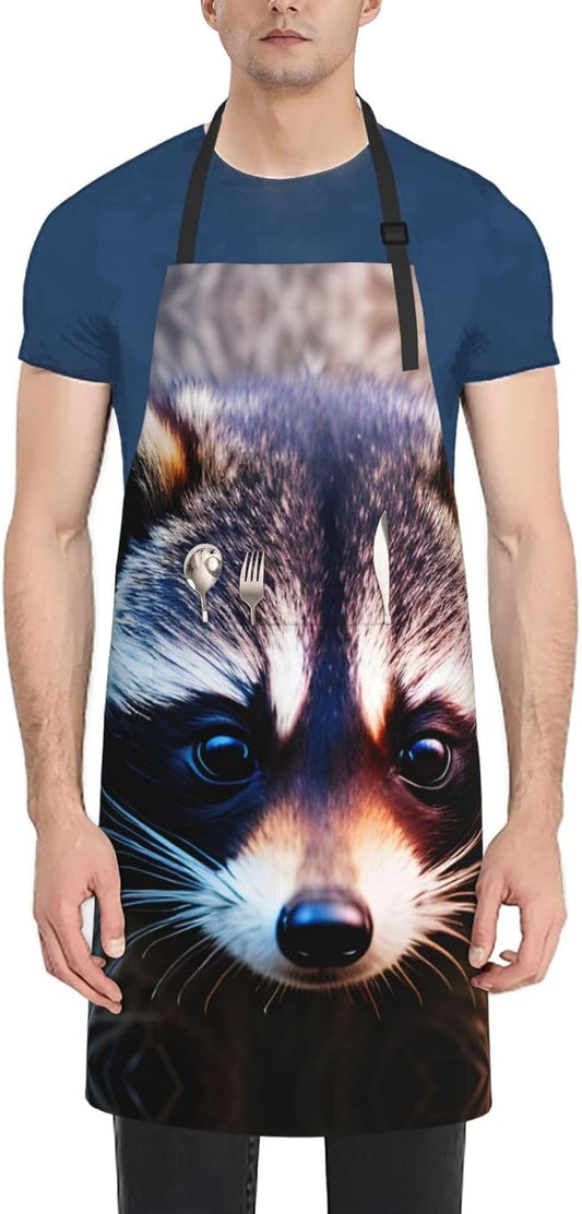 Little Raccoon Face print Waterproof chef's apron with pocket apron for kitchen cooking baking barbecue and gardening