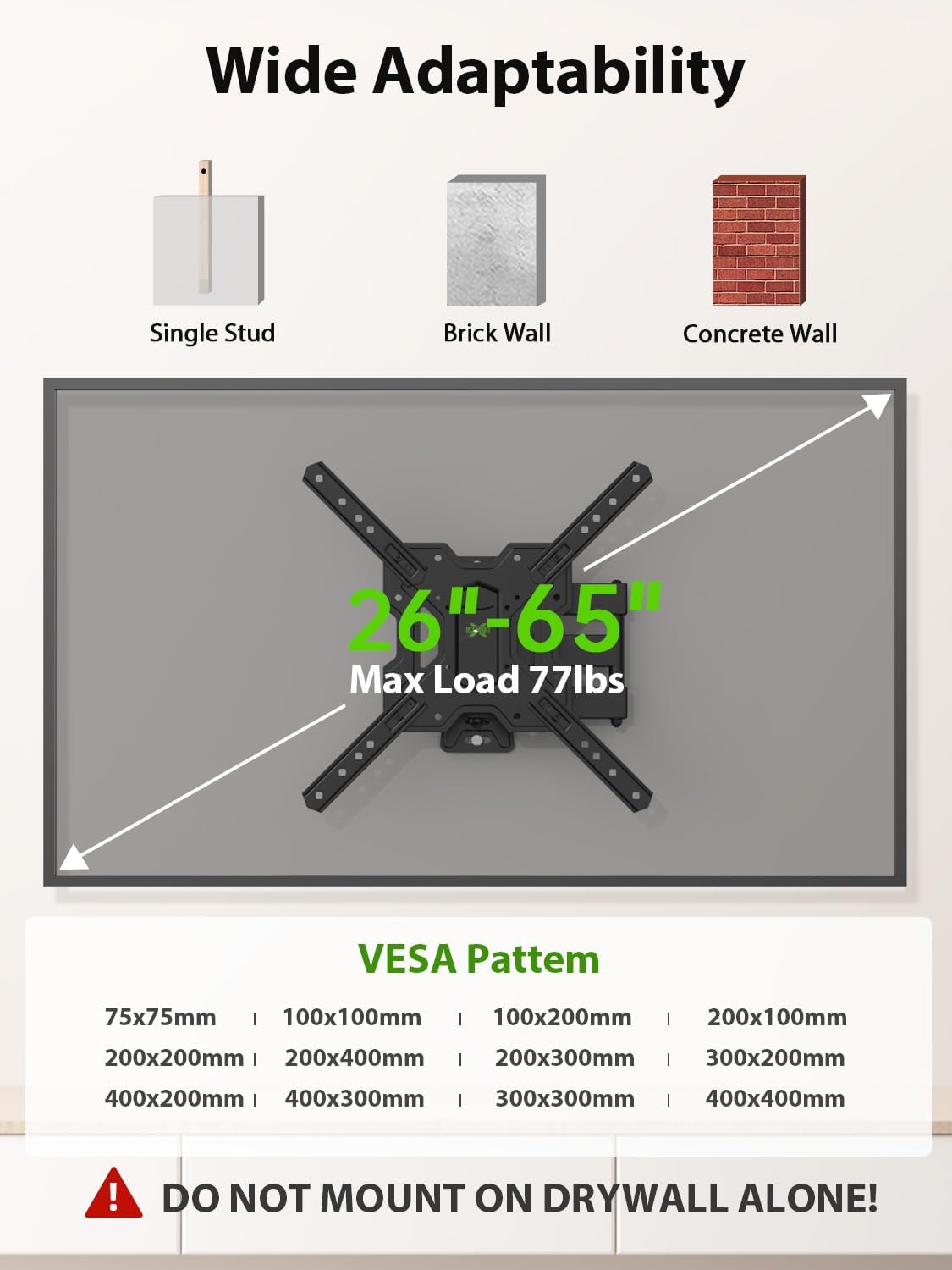 USX MOUNT UL Listed Full Motion TV Mount, Swivel Articulating Tilt TV 