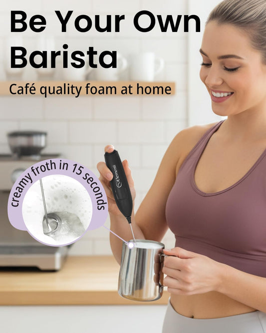 Elementi Powerful Frother Wand – Lightweight Milk Frother & Drink Mixer Handheld, Matcha Whisk for Dreamy Lattes, Powerful Coffee Mixer Wand & Blender Stirrer - Make Creamy Cappuccinos at Home (Black)