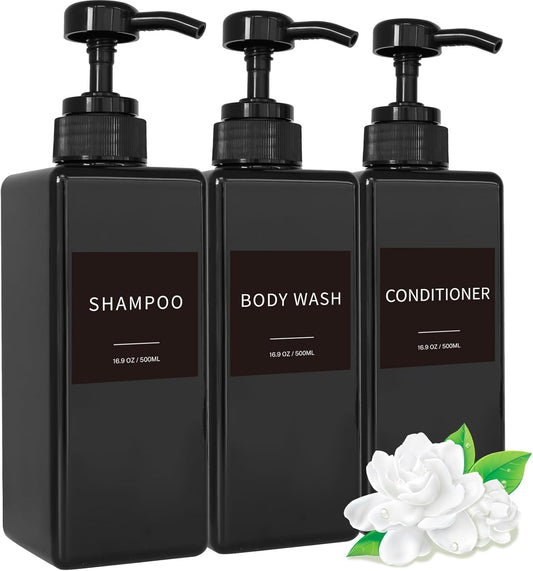 Shampoo and Conditioner Dispenser, Refillable Plastic Shampoo Pump Bottles with Waterproof Labels, Empty Body Wash Dispenser Set for Bathroom, Shower Soap Bottles (Black, Set of 3, 16.9oz)
