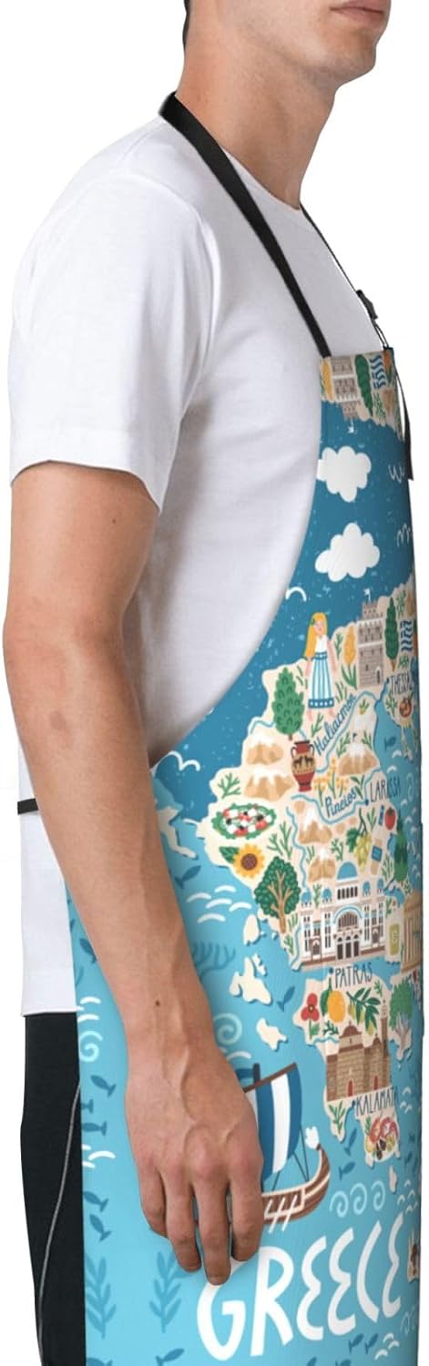 Greece Map print Waterproof apron with pocket adjustable cooking apron