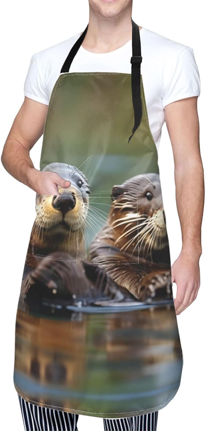 Otters print Waterproof apron with pocket adjustable cooking apron for adult kitchen bibs to bake