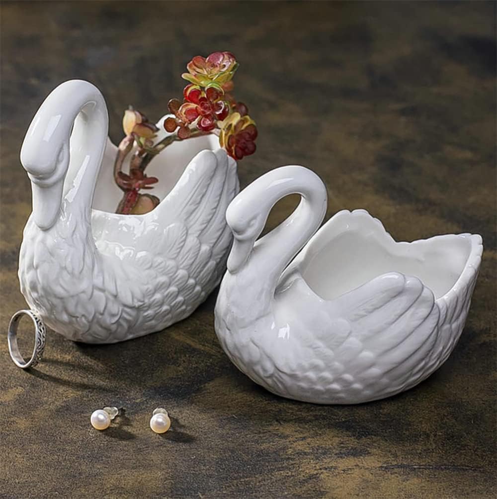 White Ceramic, Swan Flowerpot, Succulent Flowerpot, Medium Temperature Porcelain, Can be Used as Candle Holder (1, Large)