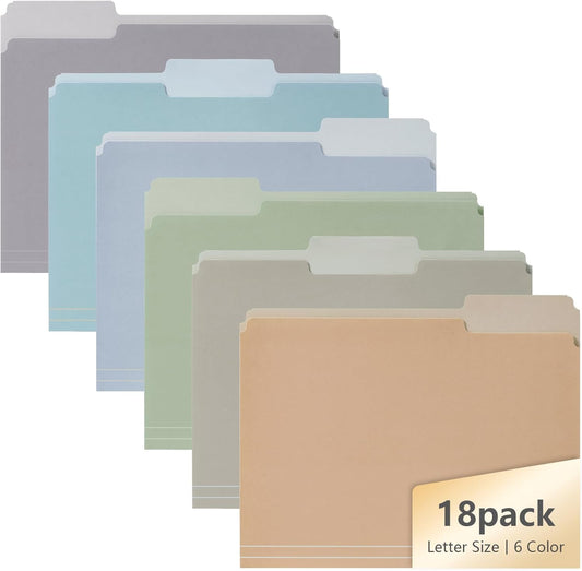 18pcs File Folders, Letter Size, 6 Color Assorted Two-Tone, Pastel, Ma