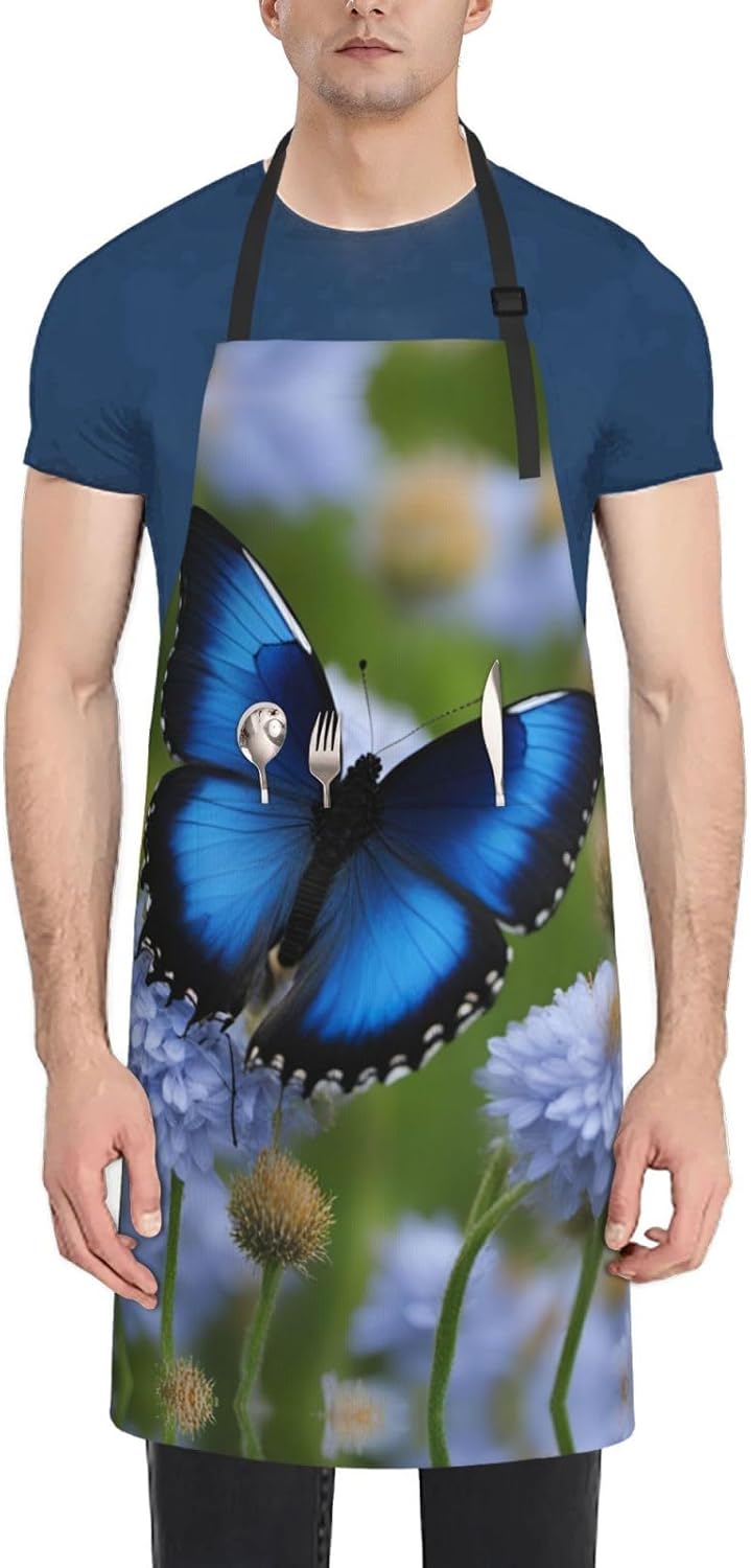 blue butterfly print Waterproof chef's apron with pocket apron for kit