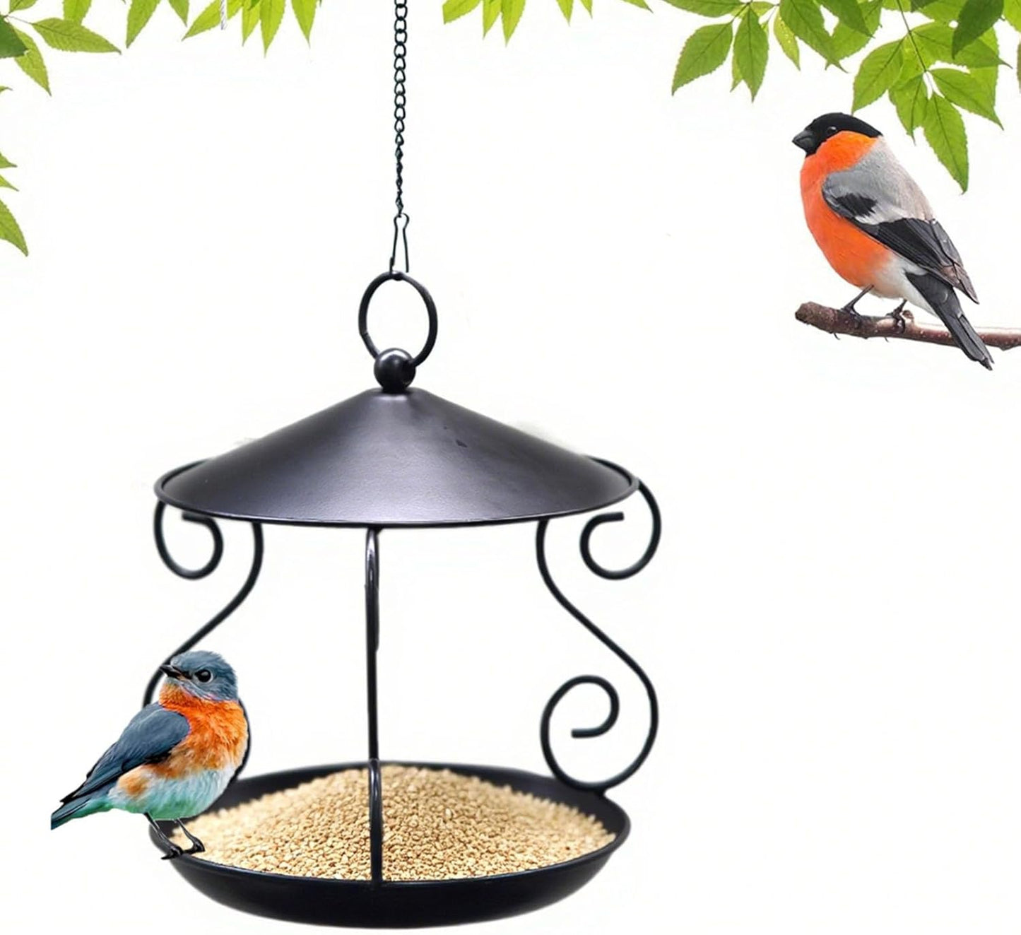 Heavy Duty Metal Hanging Wild Bird Feeder Squirrels Proof Outdoor Large Roof Large Tray for Garden Backyard Weatherproof Bird Feeder with Roof