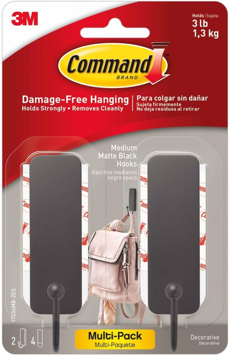Command Medium Matte Black Wall Hook, 2 Coat Hooks and 4 Strips, Damage-Free Hanging with Adhesive, No Tools Great for Hanging Home Decor, Holds up to 3 lb
