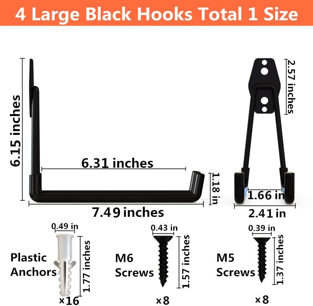Heavy Duty Garage Storage Utility Double Hooks,Extended Wall Mount Tool Holder Organizer for Ladders,Bike,Chair (4 Pack Black 7.5" Large U Hook)