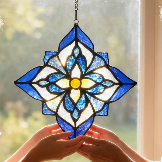 Stained Glass Window Hangings, Tiffany Style Window Panel Suncatchers Blue Art Flower
