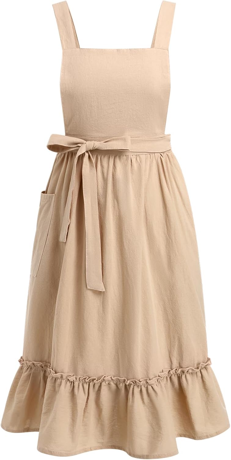 ODIZLI Frill Apron for Women Cotton Cross Back Vintage Ruffle Apron for Garden Cooking Aprons
