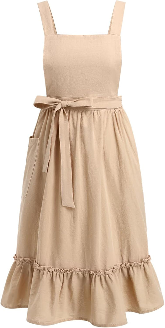 ODIZLI Frill Apron for Women Cotton Cross Back Vintage Ruffle Apron for Garden Cooking Aprons